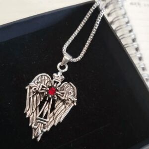 Archangel Wings Ruby Cross Stainless Steel Unisex Pendant Necklace